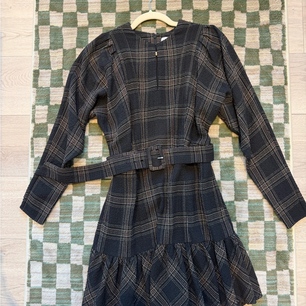 Reiss Black Plaid Dress with Tan Stitching